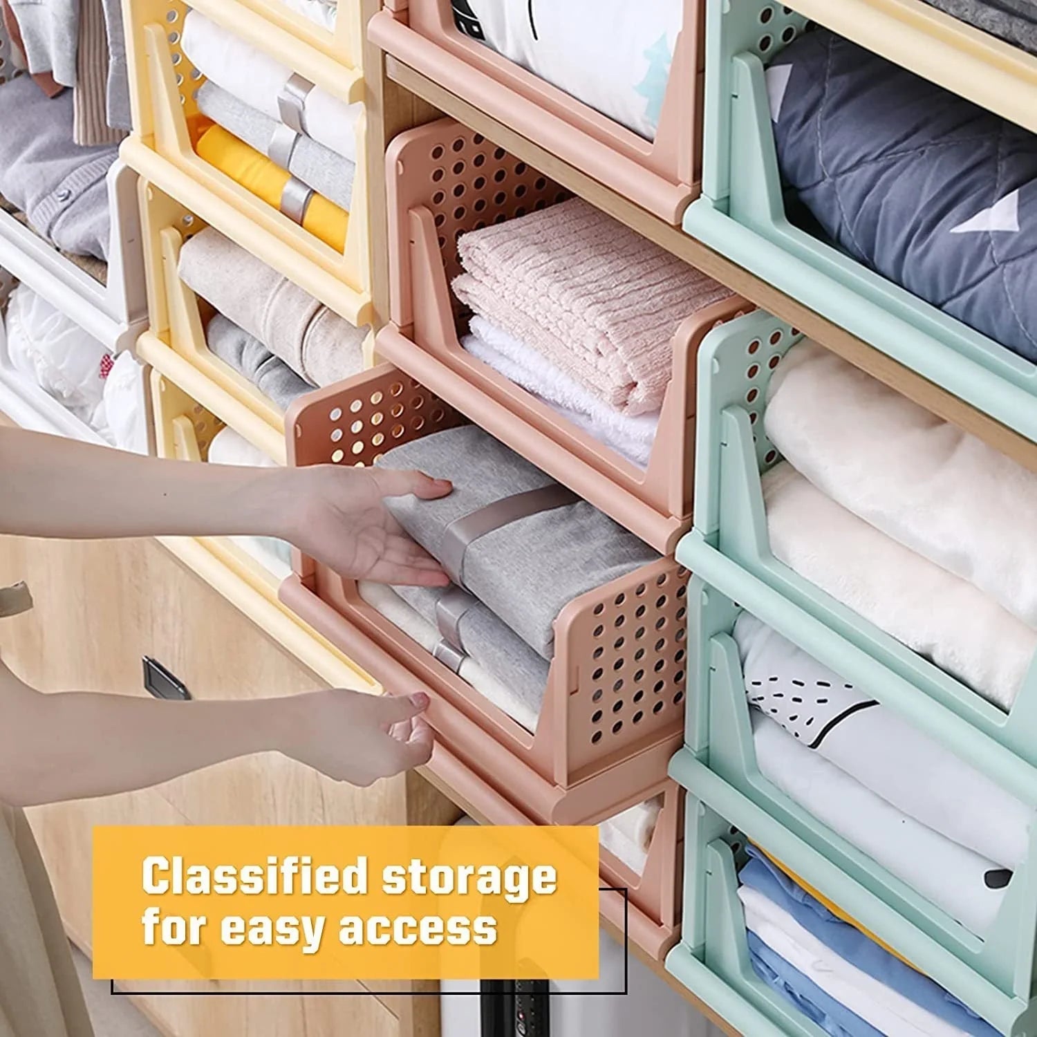 Stackable plastic clothes storage drawers in white, available in various sizes for customisable organisation