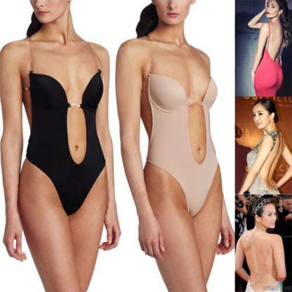 Versatile Backless Body Shaper Bra in beige, black, and white colors, featuring adjustable straps and compression panels for a customized fit