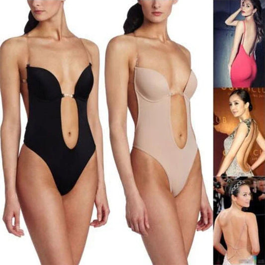 Versatile Backless Body Shaper Bra in beige, black, and white colors, featuring adjustable straps and compression panels for a customized fit