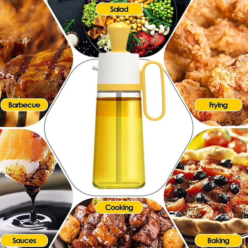 2-in-1 oil dispenser with silicone brush for BBQ and cooking, available in yellow, green, and brown