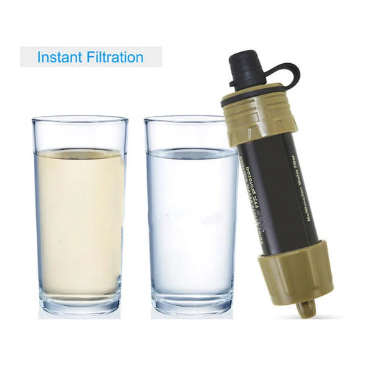 Mini portable water filter straw in grey, black, and army green with 5,000-litre purification capacity