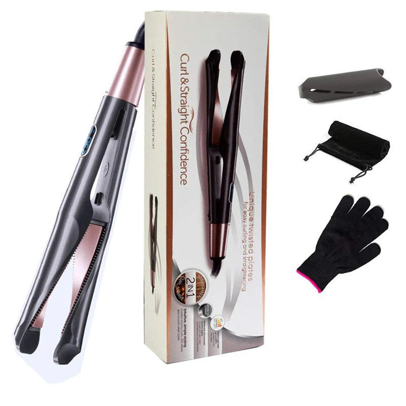 Metallic grey 2-in-1 hair straightener and curler with tourmaline ceramic plates