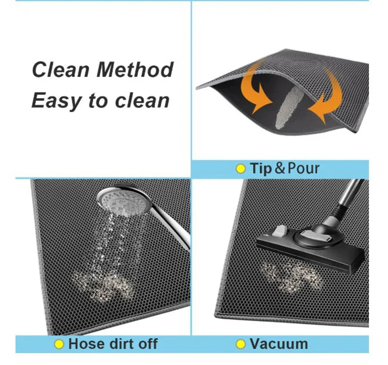 Honeycomb-patterned cat litter mat with a waterproof base, designed to trap litter and protect floors from leaks and spills