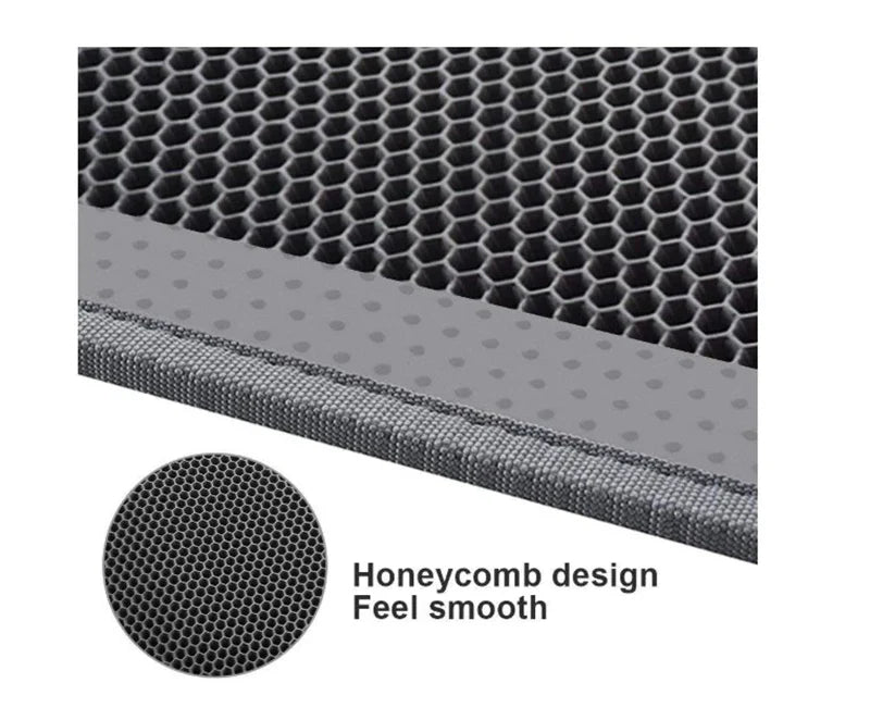 Honeycomb-patterned cat litter mat with a waterproof base, designed to trap litter and protect floors from leaks and spills
