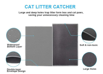 Honeycomb-patterned cat litter mat with a waterproof base, designed to trap litter and protect floors from leaks and spills