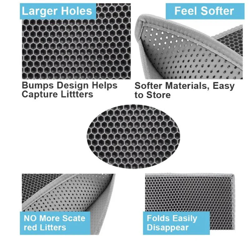 Honeycomb-patterned cat litter mat with a waterproof base, designed to trap litter and protect floors from leaks and spills