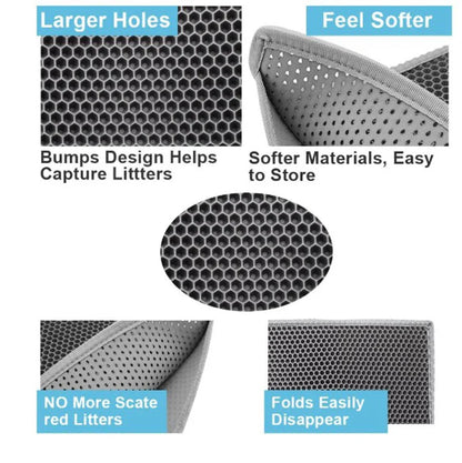 Honeycomb-patterned cat litter mat with a waterproof base, designed to trap litter and protect floors from leaks and spills