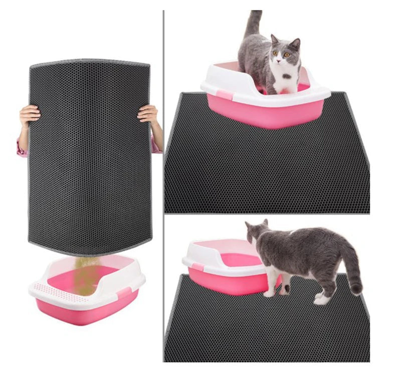 Honeycomb-patterned cat litter mat with a waterproof base, designed to trap litter and protect floors from leaks and spills