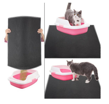Honeycomb-patterned cat litter mat with a waterproof base, designed to trap litter and protect floors from leaks and spills
