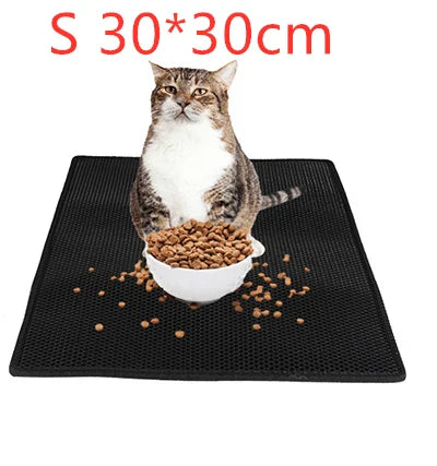 Honeycomb-patterned cat litter mat with a waterproof base, designed to trap litter and protect floors from leaks and spills