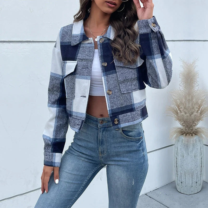 Plaid lapel cropped jacket for women with functional pockets in various colours