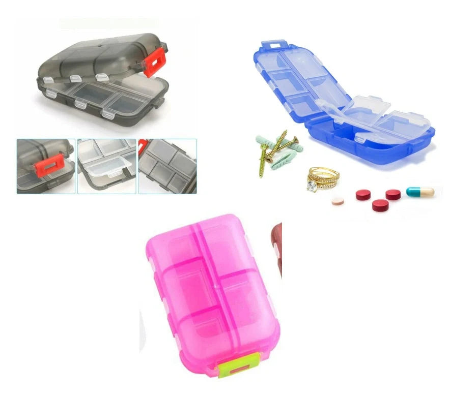 10-grid moisture-proof travel pill organizer in various colours for secure medication storage