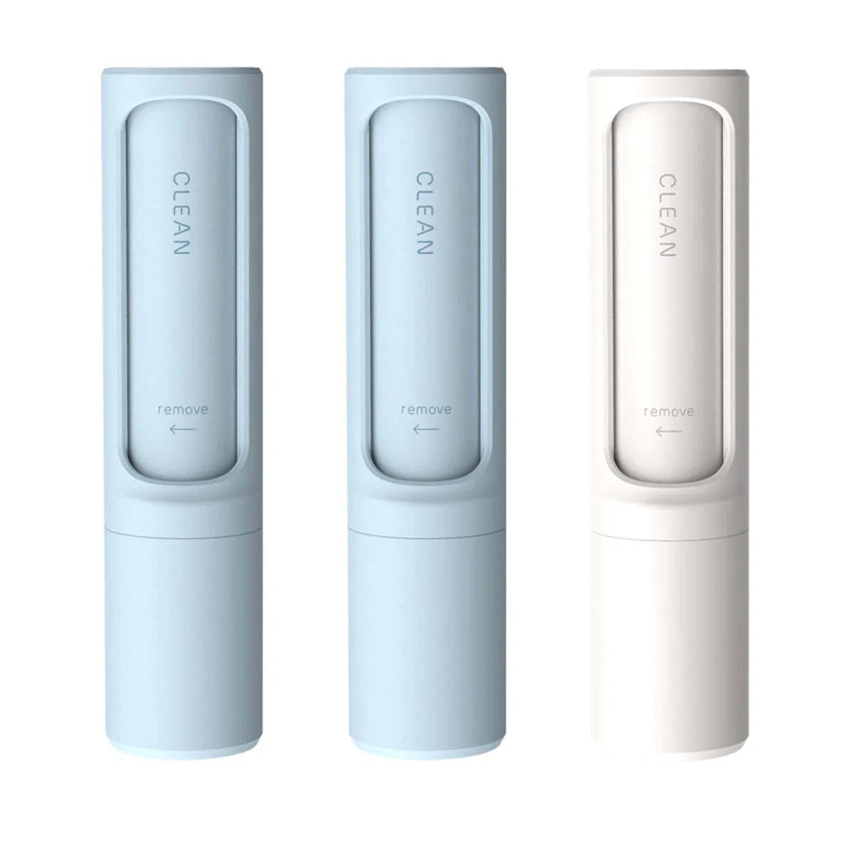 Rotating cylinder electrostatic pet hair remover brush in white, blue, green, and pink
