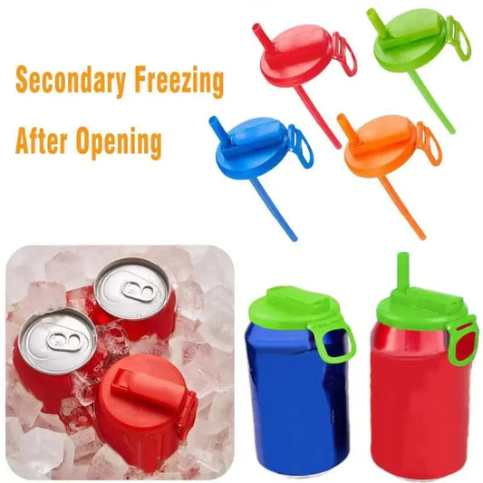Reusable soda can lid with straw in various colours, fitting standard Coke cans