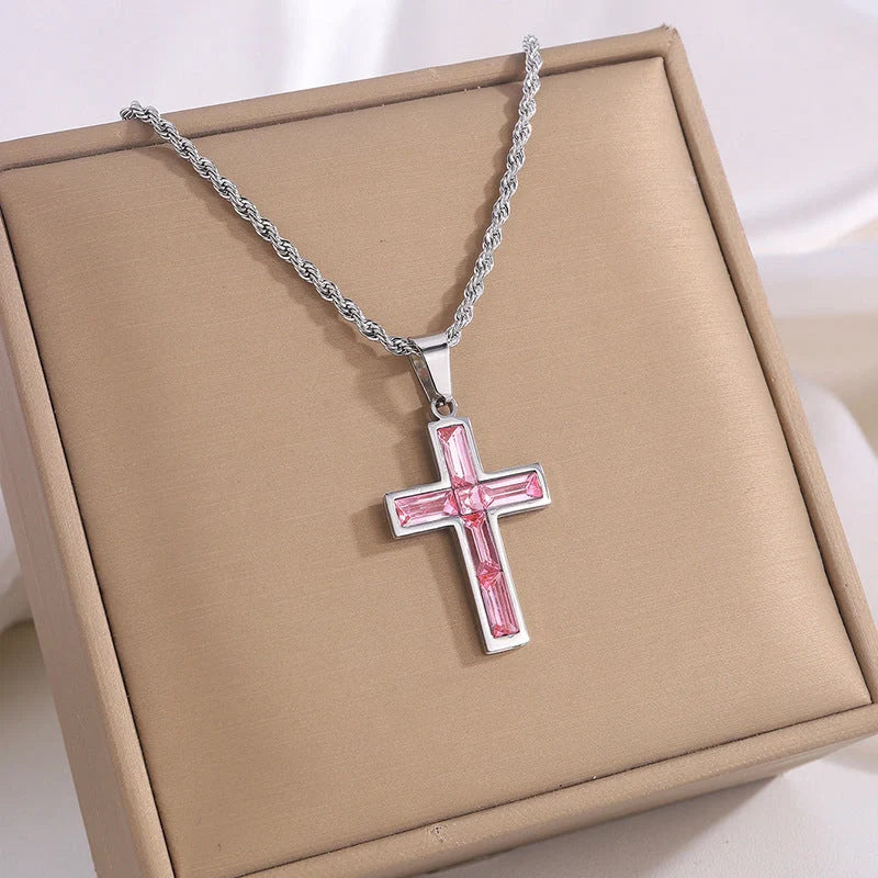 European and American style titanium steel diamond cross necklace with no colour fading