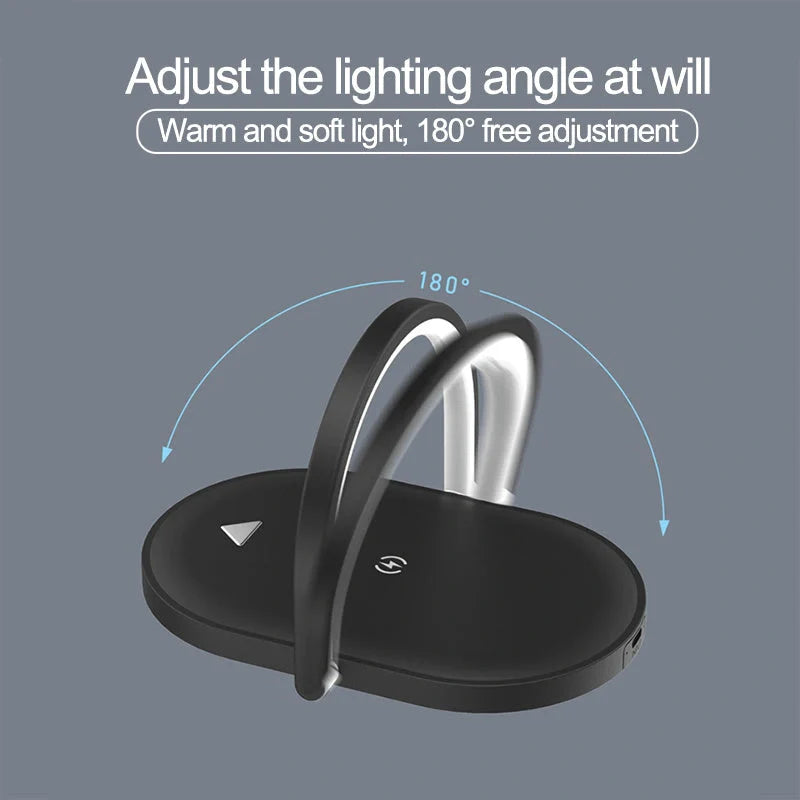 Foldable Wireless Charger with adjustable LED night light in white, black, green, and wood grain