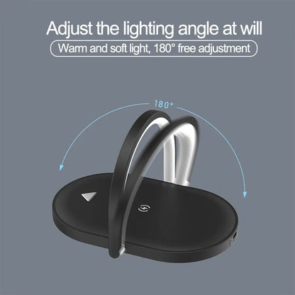 Foldable Wireless Charger with adjustable LED night light in white, black, green, and wood grain