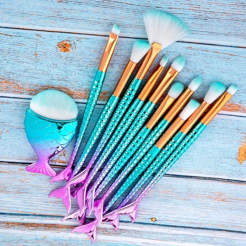 11-piece mermaid themed makeup brush set with synthetic fibres for flawless application