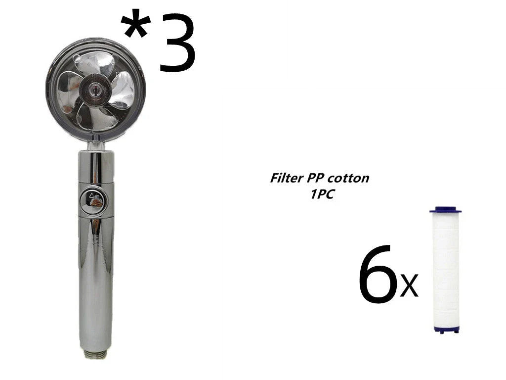 A high-pressure shower head with a stop button, cotton filter, and powerful water pressure for a luxurious bathing experience.