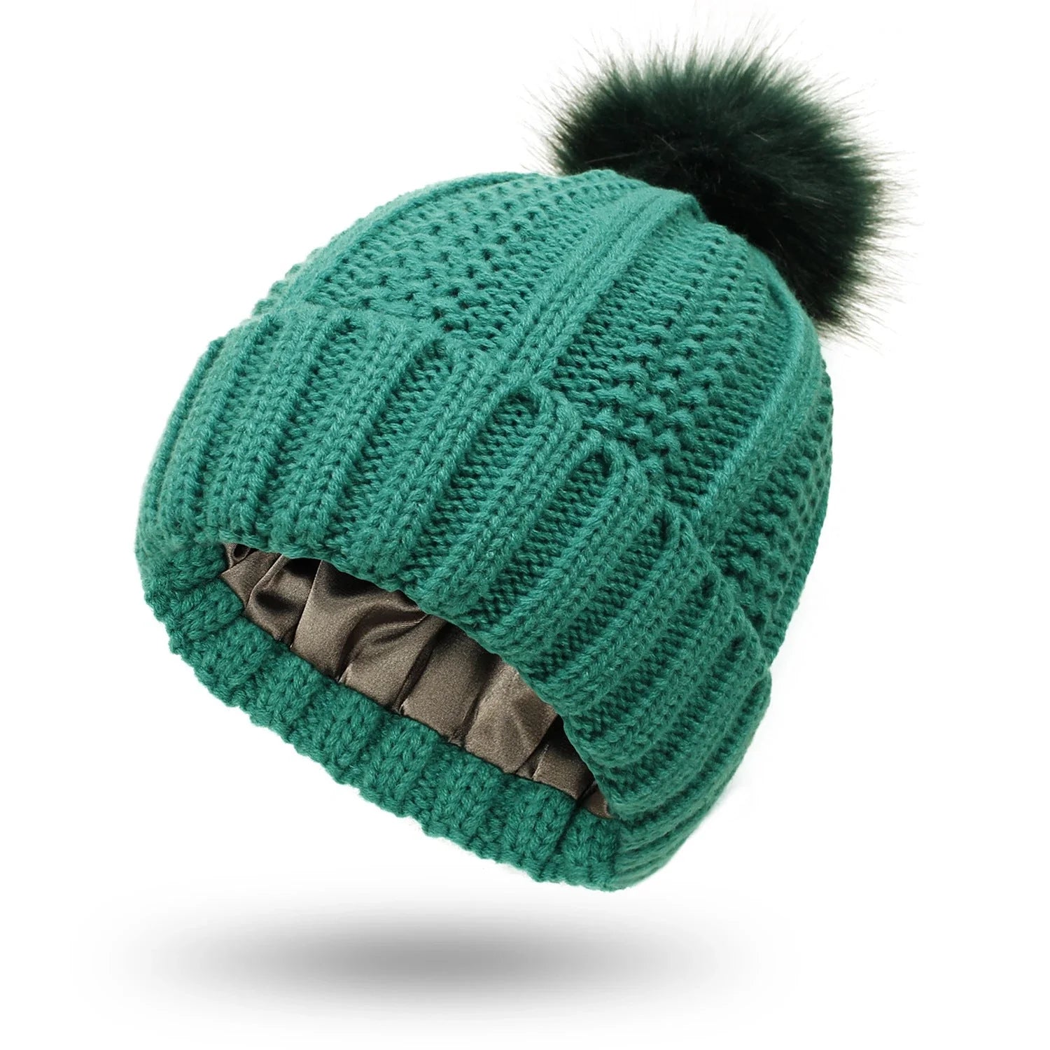 Stylish knit beanie with satin lining and faux fur pom-pom for women, available in multiple color options