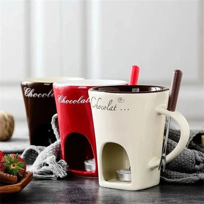 Ceramic fondue set with individual pots for making chocolate, cheese or ice cream fondues at home