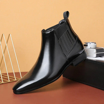 Stylish pointed toe Chelsea boots for men in black and brown colors, featuring a square heel and British-inspired design.