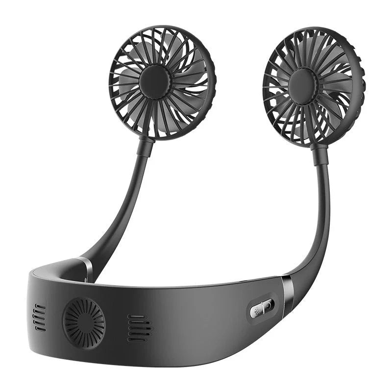Adjustable hanging neck fan in black, pink, and white with USB charging