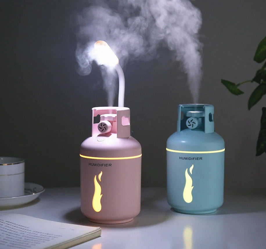 Multifunctional gas tank humidifier with USB connectivity in pink, blue, and white