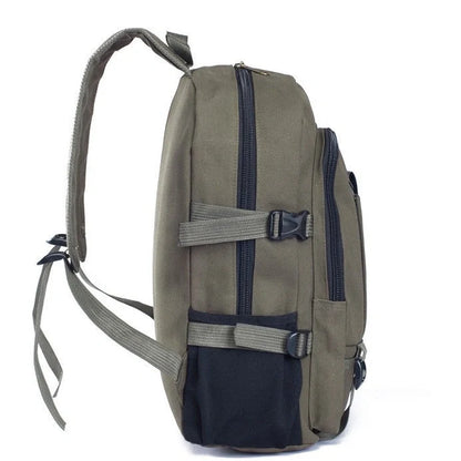Men's canvas backpack with zippered opening, available in multiple colours including coffee, light khaki, and black.