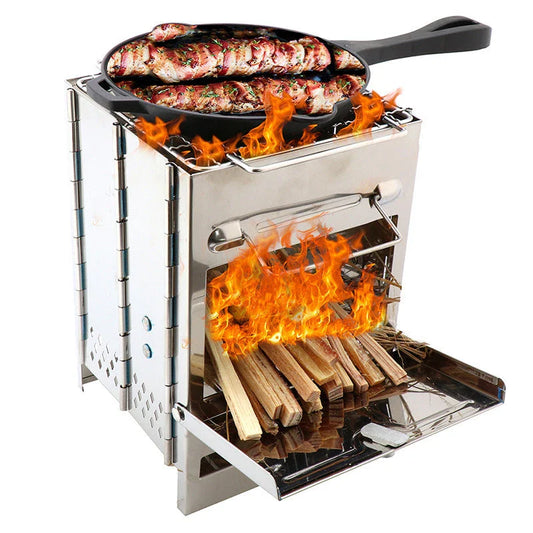 Compact and portable camping stove made of durable stainless steel with a folding design for versatile outdoor cooking