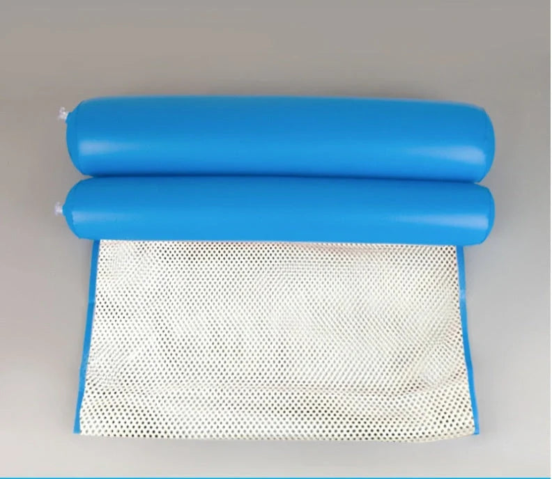 Inflatable water lounge chair in blue, floating in pool with hammock-style design