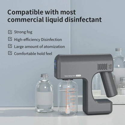 Powerful cordless disinfecting sprayer with rechargeable battery, adjustable spray settings, and compact portable design for thorough home sanitization