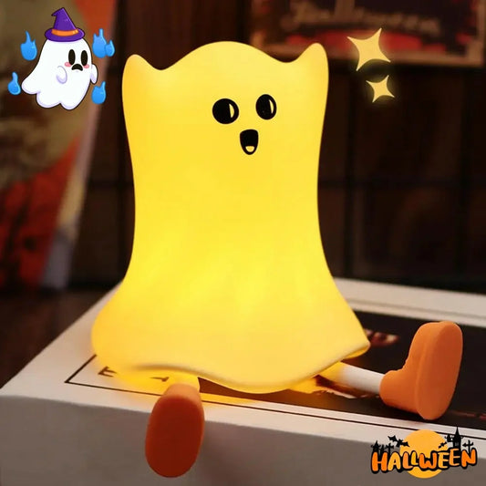 A Halloween-themed bedside lamp in the shape of a ghost, emitting a soft, calming glow.