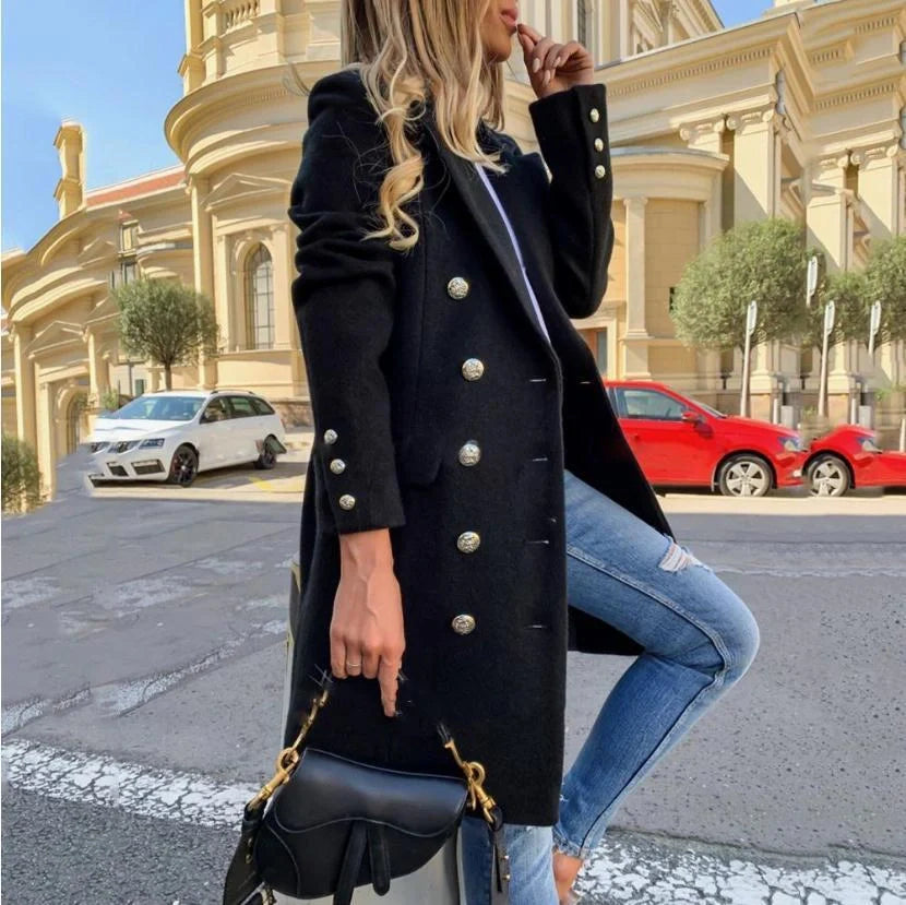Elegant women's wool double-breasted mid-length coat for autumn and winter