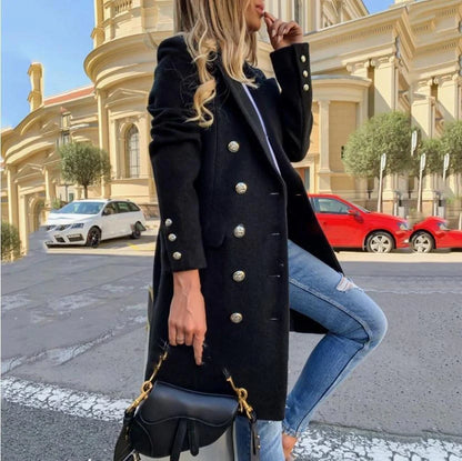 Elegant women's wool double-breasted mid-length coat for autumn and winter