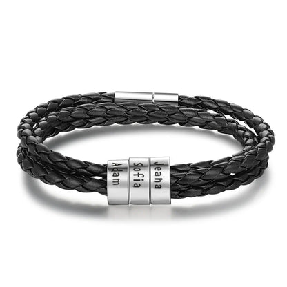 Personalized Leather Bracelet with Engraved Name Charm in Black and Brown Colors