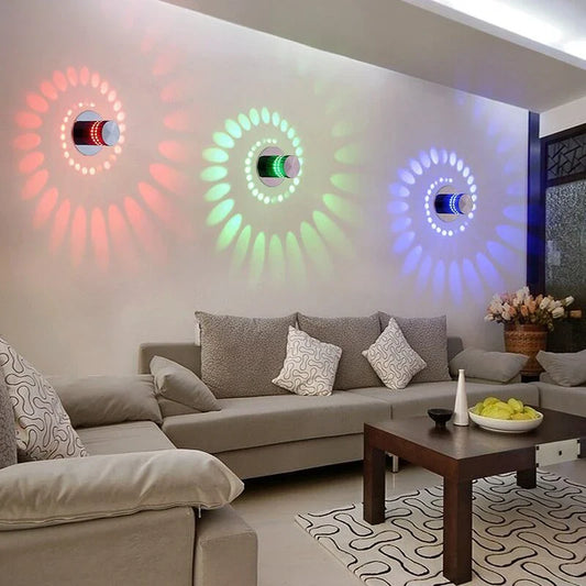 Colorful LED wall lights with a spiral design, featuring a wireless remote control for adjusting the vibrant color-changing display.