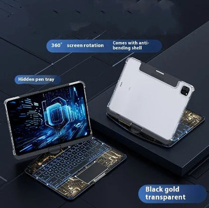 360-degree rotating keyboard case with transparent backplate and built-in Apple Pencil holder for iPad