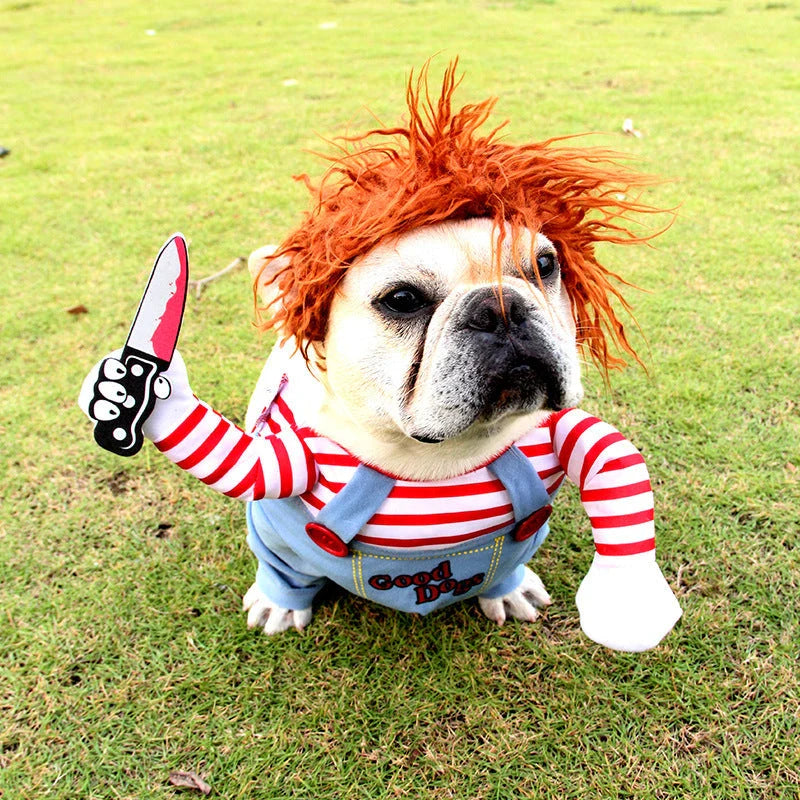 Adjustable Halloween pet costume for dogs in Horseman and Photo Color designs, includes wig and foam knife accessories