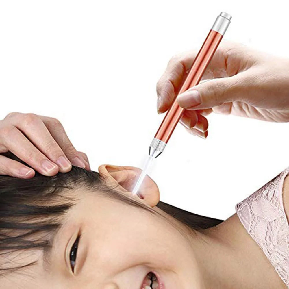 LED Light Ear Wax Removal Tool with magnifying glass and soft spoon head in blue, rose gold, and pink