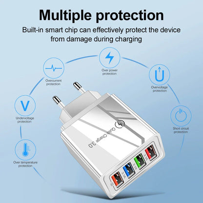 4-Port High-Speed USB Wall Charger with Quick Charge 3.0 Technology for Simultaneous Charging of Multiple Devices