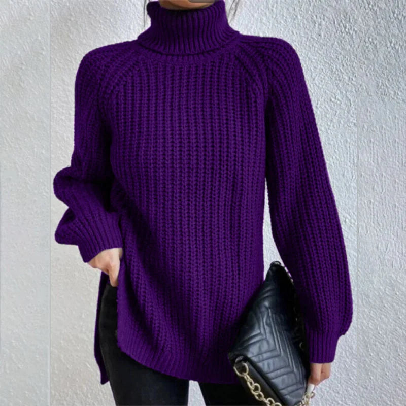 A stylish turtleneck pullover sweater with a unique split design, available in a variety of classic colours and sizes.