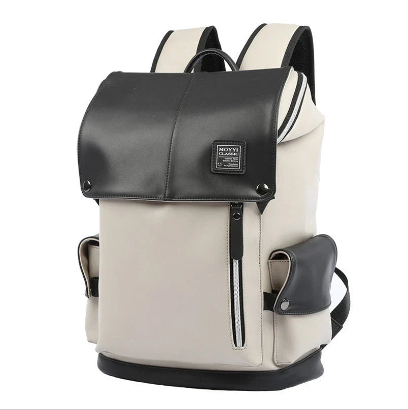 Premium PU leather backpack in black and white colours, featuring a spacious main compartment and multiple pockets for excellent organisation.