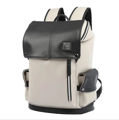 Premium PU leather backpack in black and white colours, featuring a spacious main compartment and multiple pockets for excellent organisation.