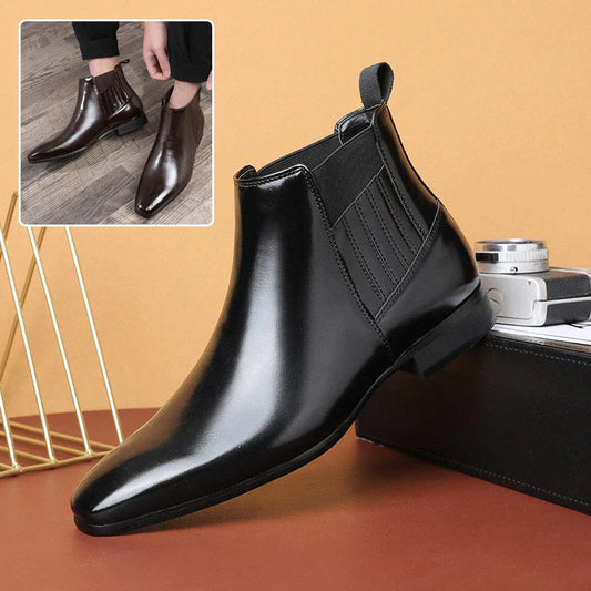 Stylish pointed toe Chelsea boots for men in black and brown colors, featuring a square heel and British-inspired design.