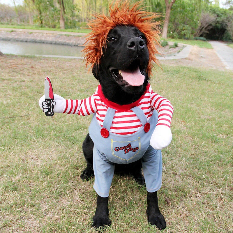 Adjustable Halloween pet costume for dogs in Horseman and Photo Color designs, includes wig and foam knife accessories