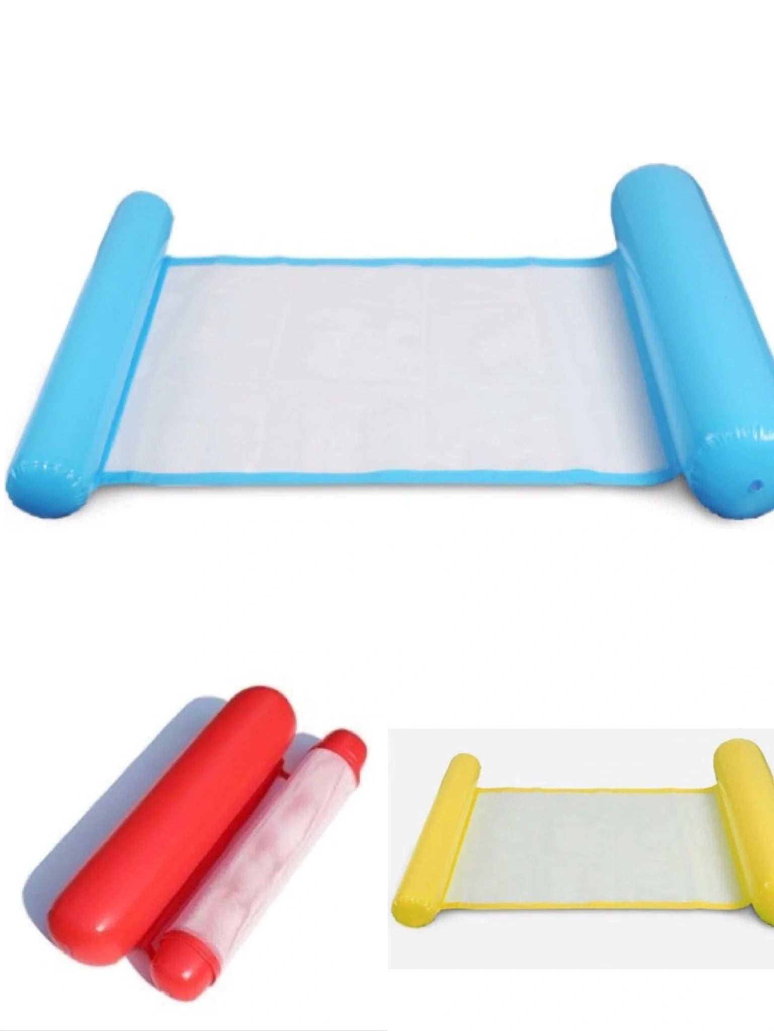 Inflatable water lounge chair in blue, floating in pool with hammock-style design