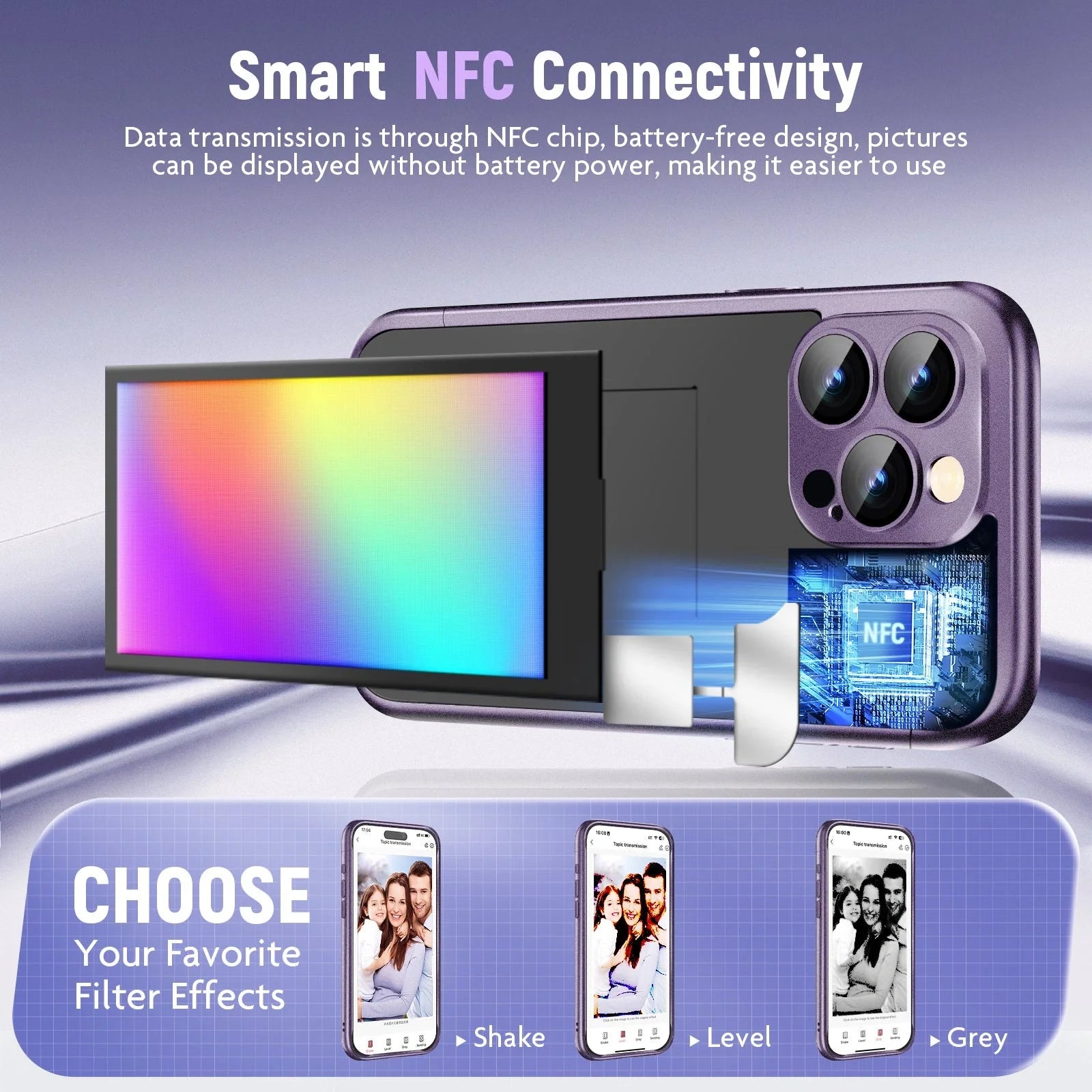 Custom NFC Ink Screen Flip Phone Case for iPhone 15 Pro and Pro Max in black and purple