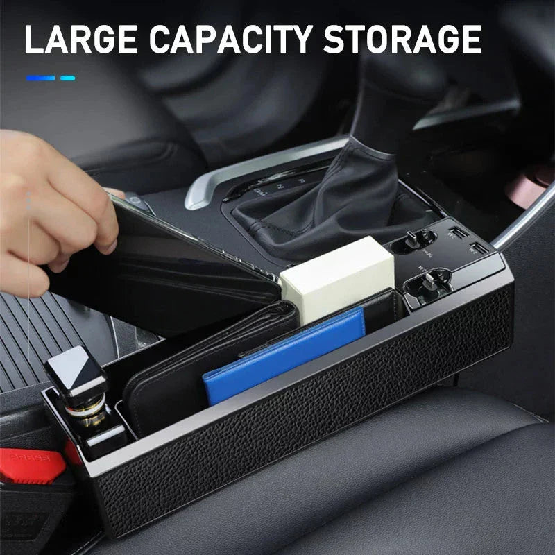 Premium car seat gap organiser with discreet charging cable, providing secure storage and power for your on-the-go essentials