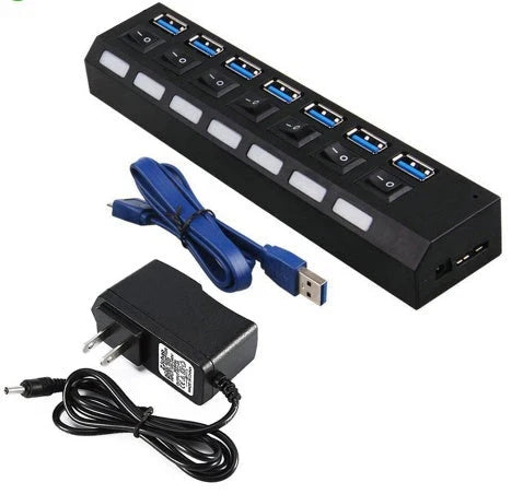 Premium USB 3.0 hub with 7 high-speed ports, overload protection, and compact design
